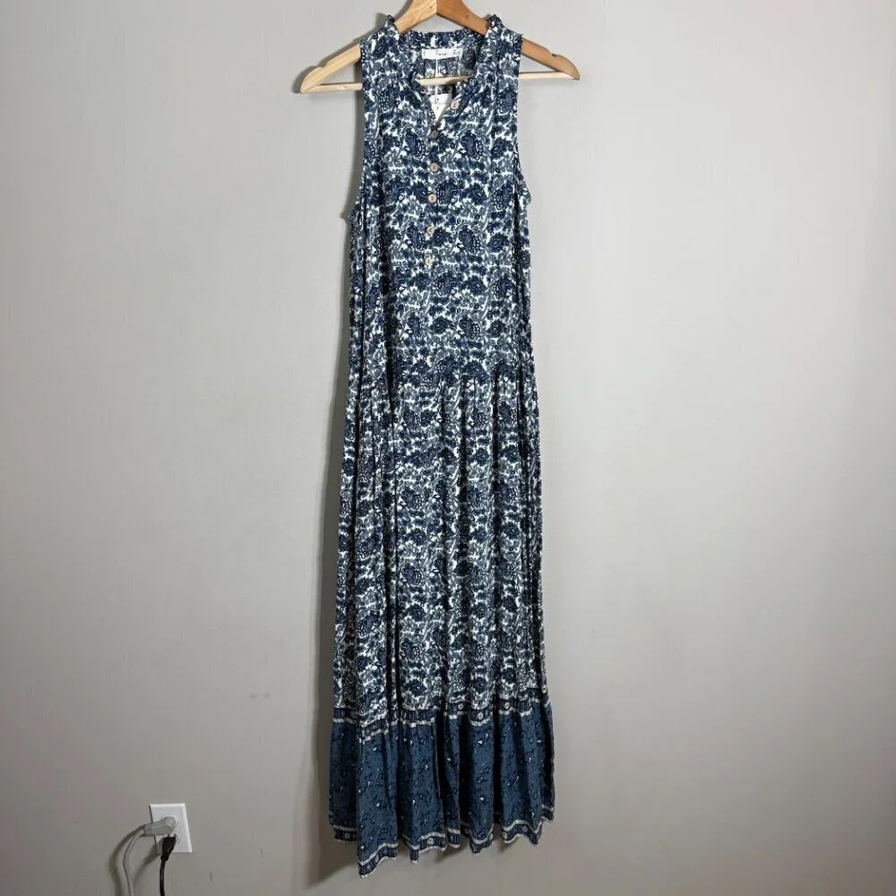 Mango Floral Paisley Print Button Up Tiered Maxi Dress Women's 2 Blue White NWT